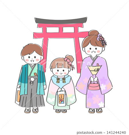 手繪插圖,描繪了三個可愛的兄弟姐妹慶祝七五三節(日本兒童的傳統成年禮)。 手繪插圖,描繪了三個可愛的兄弟姐妹慶祝七五三節(日本兒童的傳統成年禮)。 141244240