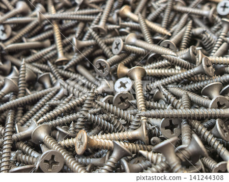 Macro Background of Drywall Screws and Metal Fasteners 141244308