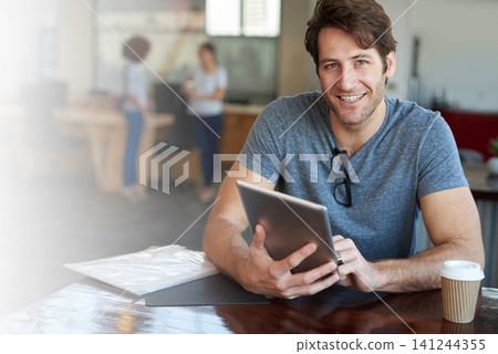 Man, tablet and portrait for research online in creative office, website and internet for information. Male person, app and tech for proposal or business report, schedule and check agenda or email Man, tablet and portrait for research online in creative office, website and internet for information. Male person, app and tech for proposal or business report, schedule and check agenda or email 141244355
