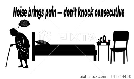 Elderly woman with walking cane feels terrible headache and stress from loud continuous knocking on door Elderly woman with walking cane feels terrible headache and stress from loud continuous knocking on door 141244408