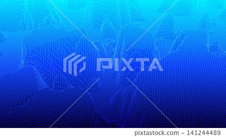 Digital landscape with mountains and plateus made of line grid in futuristic technology or science style 141244489
