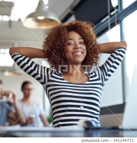 Black woman, relax at desk and smile with stretching, progress and productivity with tasks at startup. Graphic designer with happiness, deadline and break at office, done or complete with portrait Black woman, relax at desk and smile with stretching, progress and productivity with tasks at startup. Graphic designer with happiness, deadline and break at office, done or complete with portrait 141244711