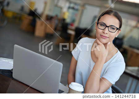 Entrepreneur, office and laptop with idea, thinking and professional startup for creative agency. Woman, technology and business with portrait, web design and online connectivity for career or job Entrepreneur, office and laptop with idea, thinking and professional startup for creative agency. Woman, technology and business with portrait, web design and online connectivity for career or job 141244718
