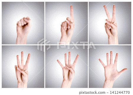 Fingers, mathematics and sign numbers in studio for counting or education purpose on gray background. Vote, review or count down shown in language for communication success and isolated on backdrop. Fingers, mathematics and sign numbers in studio for counting or education purpose on gray background. Vote, review or count down shown in language for communication success and isolated on backdrop. 141244770