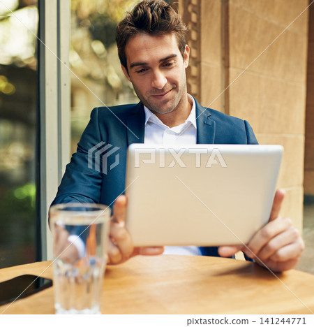 Businessman, tablet or cafe to relax, streaming or search on digital, social media or network. Man, tech or smile on web, blog or app to download video, movie or reel as fun, humor or online Businessman, tablet or cafe to relax, streaming or search on digital, social media or network. Man, tech or smile on web, blog or app to download video, movie or reel as fun, humor or online 141244771