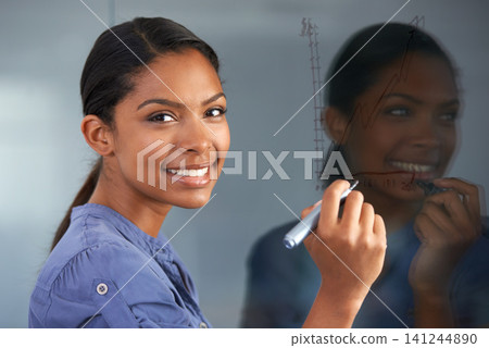 Business, woman and portrait with writing on glass for growth, graph and financial planning in office. Black person, entrepreneur or face with smile for diagram, creative or illustration at workplace Business, woman and portrait with writing on glass for growth, graph and financial planning in office. Black person, entrepreneur or face with smile for diagram, creative or illustration at workplace 141244890