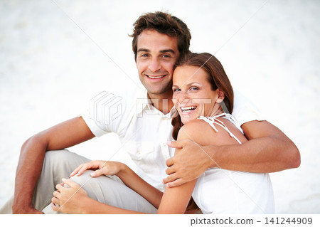 Happy couple, portrait and love in outdoor with hug, romance and travel for honeymoon in nature. Man, woman and smile face for bonding together with care, peace and trip for commitment in marriage 141244909