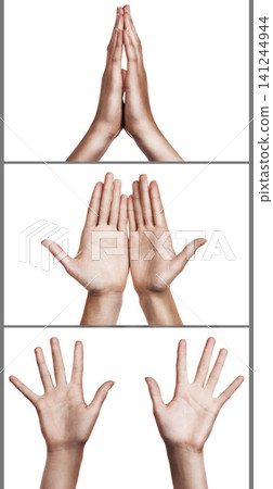 Hands, palm and collage for gesture in studio isolated on a white background. Closeup, open and fingers of person in montage with sign, prayer and religion for worship on composite with an emoji Hands, palm and collage for gesture in studio isolated on a white background. Closeup, open and fingers of person in montage with sign, prayer and religion for worship on composite with an emoji 141244944