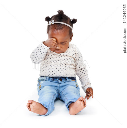 Child, tired and rubbing eyes in studio while sleepy from playing, learning and motor development in white background. Baby girl or infant, sitting and drowsy or sleeping for nap time, rest and peace Child, tired and rubbing eyes in studio while sleepy from playing, learning and motor development in white background. Baby girl or infant, sitting and drowsy or sleeping for nap time, rest and peace 141244985