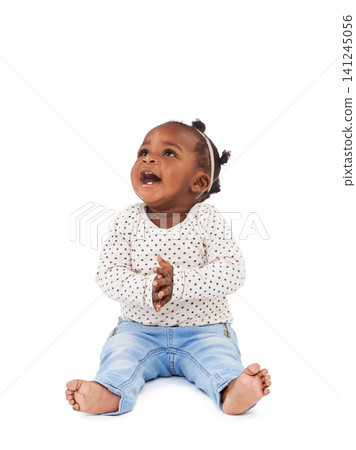 Baby girl, playing and clapping with smile in studio for applause, fun and cheerful on white background. Child, learning and motor skills for childhood development, excited and happy kid or infant Baby girl, playing and clapping with smile in studio for applause, fun and cheerful on white background. Child, learning and motor skills for childhood development, excited and happy kid or infant 141245056