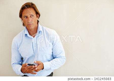 Vision, thinking and man with smartphone for contact, communication and email with mockup space isolated on white background. Male person, employee and worker in corporate career with mobile phone Vision, thinking and man with smartphone for contact, communication and email with mockup space isolated on white background. Male person, employee and worker in corporate career with mobile phone 141245083