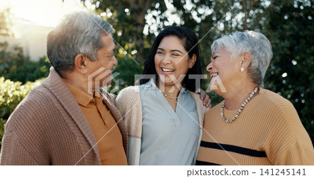 Woman, laughing or senior parents hug for bonding, support or love in backyard of a family house. Old man, funny or mature mom with a happy daughter in outdoor porch together on holiday vacation Woman, laughing or senior parents hug for bonding, support or love in backyard of a family house. Old man, funny or mature mom with a happy daughter in outdoor porch together on holiday vacation 141245141