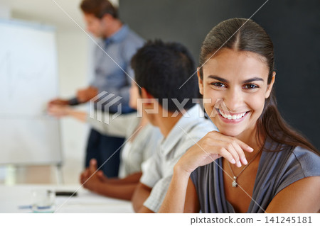 Woman, smile and portrait in office for career and professional for company or workplace. Young person with coworkers or colleagues and happy for board meeting and project management for employment Woman, smile and portrait in office for career and professional for company or workplace. Young person with coworkers or colleagues and happy for board meeting and project management for employment 141245181