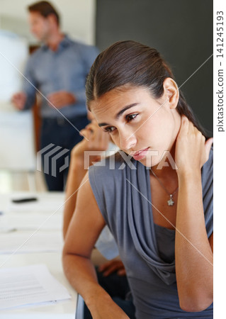 Meeting, business and woman with stress, neck pain and overworked with a deadline and anxiety in a modern office. People, employee or financial consultant with a headache or medical issue with crisis 141245193