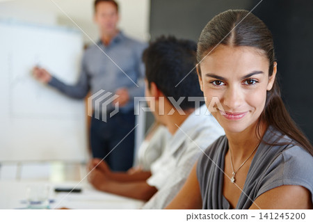 Woman, meeting and portrait for discussion in office, confident and pride for problem solving. Female person, professional and commitment to team communication at work, smile and business planning Woman, meeting and portrait for discussion in office, confident and pride for problem solving. Female person, professional and commitment to team communication at work, smile and business planning 141245200