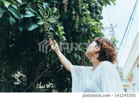 女子在綠樹環繞的後巷撫摸植物的肖像。 女子在綠樹環繞的後巷撫摸植物的肖像。 141245205