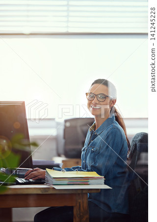 Woman, office and happy with file in computer for business or employee contract at work as hr manager. Portrait, female person and paperwork in desk with document for company policy and law Woman, office and happy with file in computer for business or employee contract at work as hr manager. Portrait, female person and paperwork in desk with document for company policy and law 141245228