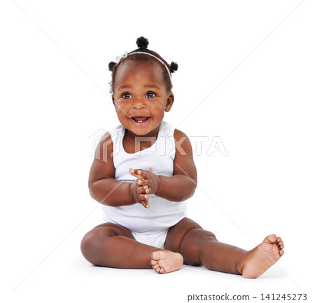 Baby, black girl and clapping in studio for happiness, growth and playful newborn with white background Infant, child and toddler for cheerful, excited or childhood development with hands together Baby, black girl and clapping in studio for happiness, growth and playful newborn with white background Infant, child and toddler for cheerful, excited or childhood development with hands together 141245273