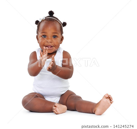 Portrait, baby and clapping with smile in studio for applause, playing and cheerful for motor development. Children, happy and enjoying hands game, excited and joyful kid in white background Portrait, baby and clapping with smile in studio for applause, playing and cheerful for motor development. Children, happy and enjoying hands game, excited and joyful kid in white background 141245274