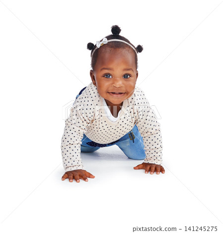 Portrait, baby girl or smile to crawl, explore or child development on mock up on white background. Female toddler or crawling on hands, knees or learn to balance mobility milestone and motor skills 141245275