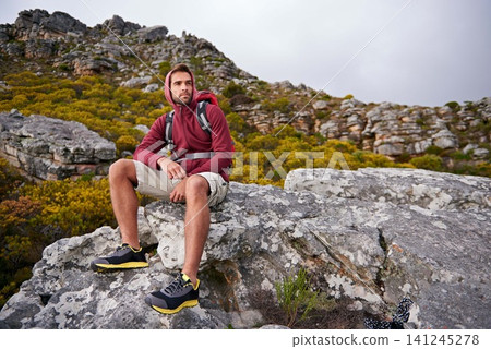 Man, mountains and view with thinking, travel and hiking for fitness and fresh air with backpacking outdoor. Calm, peace and wellness in nature, trekking and adventure for exploring with mindfulness Man, mountains and view with thinking, travel and hiking for fitness and fresh air with backpacking outdoor. Calm, peace and wellness in nature, trekking and adventure for exploring with mindfulness 141245278