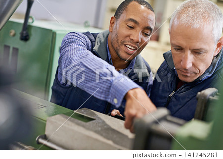 Factory, machine and coworkers in service discussion, maintenance for industrial safety and diversity employee together. Mechanical engineering, production monitoring system or warehouse inspection Factory, machine and coworkers in service discussion, maintenance for industrial safety and diversity employee together. Mechanical engineering, production monitoring system or warehouse inspection 141245281