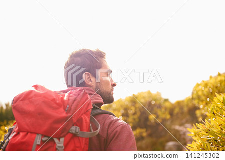 Hiking, thinking and man by tree, nature and rock for outdoor adventure on mountain. Male person, athlete and sport in environment for exercise, fitness or health with backpack by plants in forest Hiking, thinking and man by tree, nature and rock for outdoor adventure on mountain. Male person, athlete and sport in environment for exercise, fitness or health with backpack by plants in forest 141245302