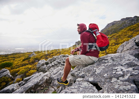 Man, mountains and view with thinking outdoor, travel and hiking for fitness and fresh air with backpacking. Calm, peace and wellness in nature, trekking and adventure for exploring with mindfulness Man, mountains and view with thinking outdoor, travel and hiking for fitness and fresh air with backpacking. Calm, peace and wellness in nature, trekking and adventure for exploring with mindfulness 141245322