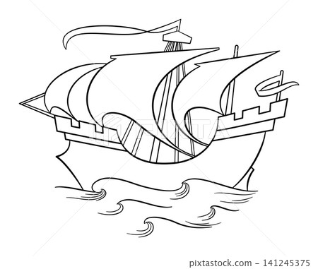 Ancient three-masted sailing ship with full billowing sails, rigging, and castellated platforms on bow and stern. Stylized vessel sailing on cresting waves symbolizing navigation through water. Vector Ancient three-masted sailing ship with full billowing sails, rigging, and castellated platforms on bow and stern. Stylized vessel sailing on cresting waves symbolizing navigation through water. Vector 141245375
