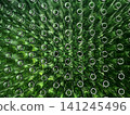 Abstract background of green glass bottles. Concept of glass recycling, reusable bottles, circular economy, bottle deposit return system (Pfand) and sustainable waste management. 141245496