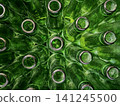 Abstract background of green glass bottles. Concept of glass recycling, reusable bottles, circular economy, bottle deposit return system (Pfand) and sustainable waste management. 141245500