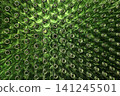 Abstract background of green glass bottles. Concept of glass recycling, reusable bottles, circular economy, bottle deposit return system (Pfand) and sustainable waste management. 141245501