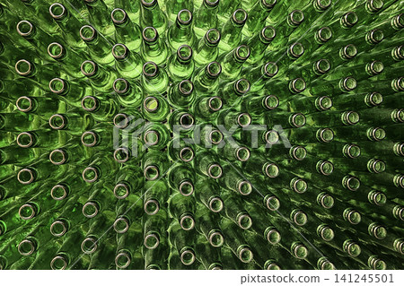 Abstract background of green glass bottles. Concept of glass recycling, reusable bottles, circular economy, bottle deposit return system (Pfand) and sustainable waste management. 141245501