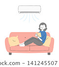 A hand-drawn vector illustration of a woman comfortably relaxing in an air-conditioned room. 141245507