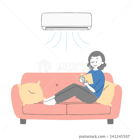 手繪向量插圖,描繪了一位女士舒適地在空調房間放鬆休息的場景。 手繪向量插圖,描繪了一位女士舒適地在空調房間放鬆休息的場景。 141245507