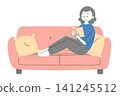 A hand-drawn vector illustration of a woman sitting on a sofa and reading. 141245512
