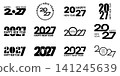 Modern 2027 Happy New Year typography logo set on transparent background. Bold black number lettering collection for holiday cards, posters, stickers, banners, invitations and festive branding. 141245639