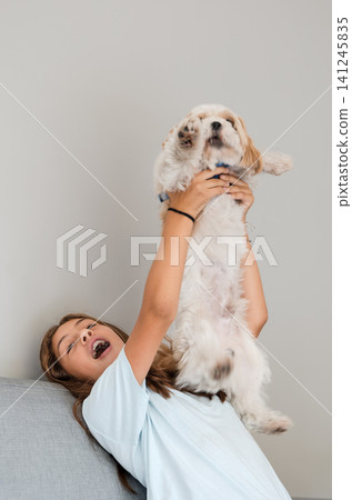 Playful teenage girl lifting her small dog up in the air on sofa Playful teenage girl lifting her small dog up in the air on sofa 141245835