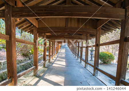 The historical corridor of Kibitsu Shrine stretches far into the distance in Okayama City, Okayama Prefecture. The historical corridor of Kibitsu Shrine stretches far into the distance in Okayama City, Okayama Prefecture. 141246044