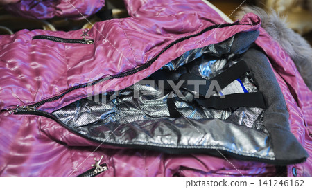 Pink winter jacket with thermal metallic lining for cold weather protection Pink winter jacket with thermal metallic lining for cold weather protection 141246162