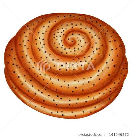 Watercolor illustration of a sweet white flour bun. Bakery products. Perfect for baking menus, packaging, dessert decorations, and evening tea party decor. Watercolor illustration of a sweet white flour bun. Bakery products. Perfect for baking menus, packaging, dessert decorations, and evening tea party decor. 141246272