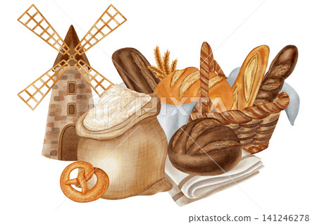Watercolor Illustration: basket with assorted bread, a rustic mill, and a sack of flour. Perfect for comprehensive bakery and grain processing branding, menu, food packaging, cookbooks, recipes Watercolor Illustration: basket with assorted bread, a rustic mill, and a sack of flour. Perfect for comprehensive bakery and grain processing branding, menu, food packaging, cookbooks, recipes 141246278