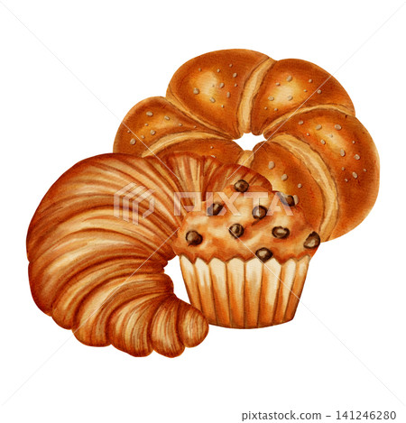 Watercolor illustration featuring a composition of sweets and baked goods: muffins, croissants, buns, and rolls. Perfect for bakery branding, menus, product packaging, cookbooks, recipes, and desserts Watercolor illustration featuring a composition of sweets and baked goods: muffins, croissants, buns, and rolls. Perfect for bakery branding, menus, product packaging, cookbooks, recipes, and desserts 141246280