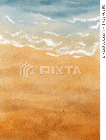 Watercolor illustration beach background with golden sand and blue sea waves with white foam. Suitable for summer vacation cards, posters, and travel banners. Watercolor illustration beach background with golden sand and blue sea waves with white foam. Suitable for summer vacation cards, posters, and travel banners. 141246299