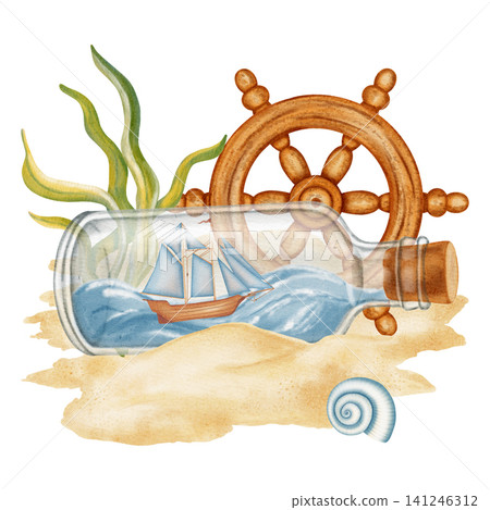 Watercolor illustration of marine compositions with ship in a bottle, treasure map, anchor, steering wheel. Bright illustrations, suitable for cheerful summer designs, textiles. Print for children's Watercolor illustration of marine compositions with ship in a bottle, treasure map, anchor, steering wheel. Bright illustrations, suitable for cheerful summer designs, textiles. Print for children's 141246312