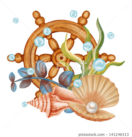 Watercolor marine composition with wooden ship wheel, orange starfish, seashells and sea plants. Bright illustrations, suitable for cheerful summer designs, textiles. Print for children's. Watercolor marine composition with wooden ship wheel, orange starfish, seashells and sea plants. Bright illustrations, suitable for cheerful summer designs, textiles. Print for children's. 141246313