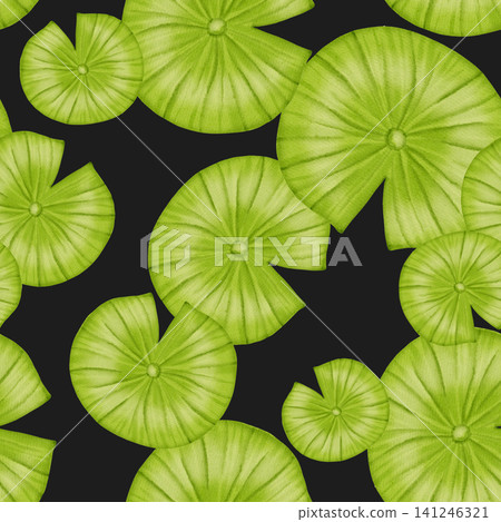 Seamless watercolor pattern with lotus leaves. Illustration of green water lilies. Perfect for textiles, wallpaper, romantic decor, cosmetics, and medical products. Seamless watercolor pattern with lotus leaves. Illustration of green water lilies. Perfect for textiles, wallpaper, romantic decor, cosmetics, and medical products. 141246321