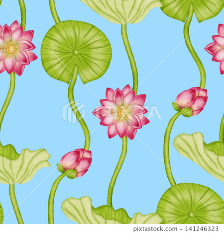 A seamless watercolor pattern featuring delicate pink lotuses, green water lilies, and flower buds. Ideal for textiles, wallpaper, romantic decor, cosmetics, and medical products. A seamless watercolor pattern featuring delicate pink lotuses, green water lilies, and flower buds. Ideal for textiles, wallpaper, romantic decor, cosmetics, and medical products. 141246323