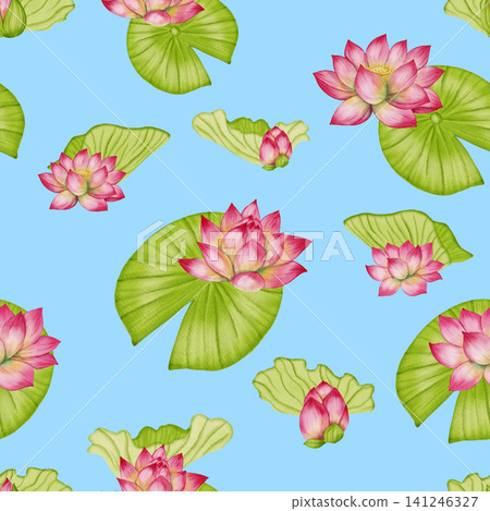 Lotus flower seamless pattern. An illustration of a pink water lily hand painted. Ideal for textiles, wallpaper, romantic decor, cosmetics, and medical products. Lotus flower seamless pattern. An illustration of a pink water lily hand painted. Ideal for textiles, wallpaper, romantic decor, cosmetics, and medical products. 141246327
