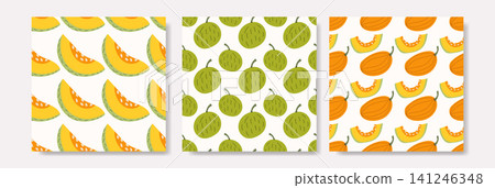 Set of Three Seamless Melon Patterns for Summer and Autumn Set of Three Seamless Melon Patterns for Summer and Autumn 141246348